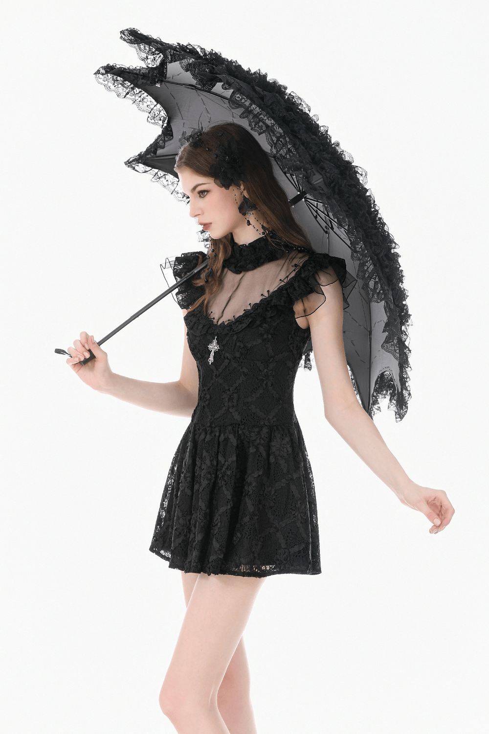 Dark Romantic Lace Mini Dress with Corset Waist and Cross worn with a lace parasol, showcasing gothic elegance.