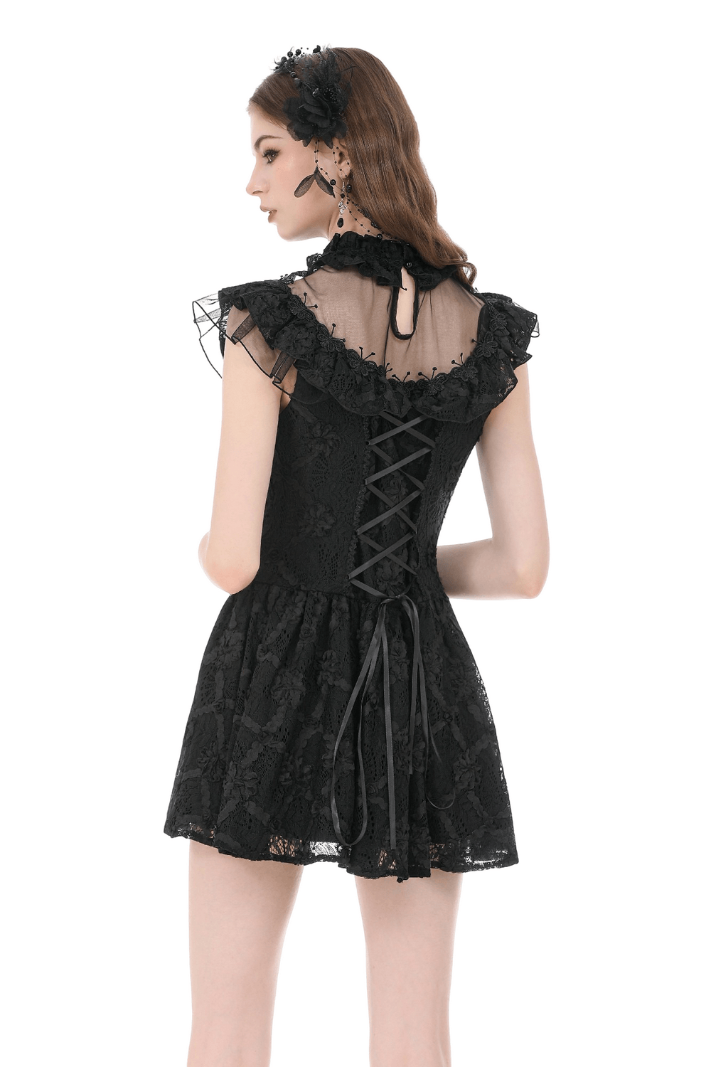 Dark Romantic Lace Mini Dress with Corset Waist and Cross showing ruffled lace detail and corset back.