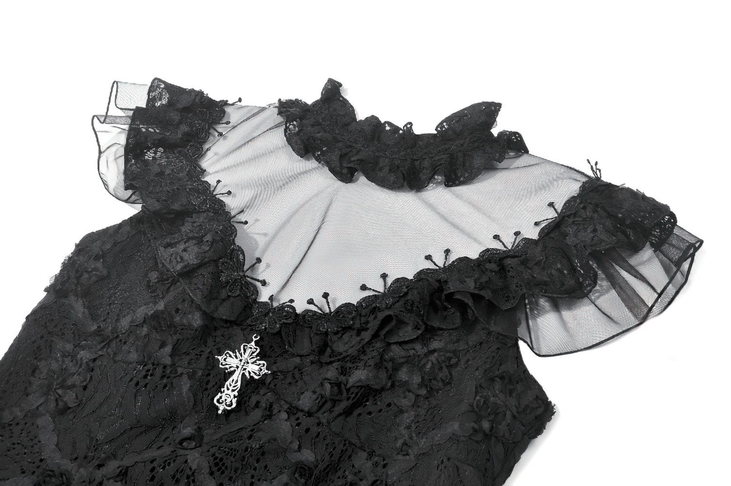 Dark Romantic Lace Mini Dress with Corset Waist and Cross featuring ruffled cap sleeves and floral lace details.