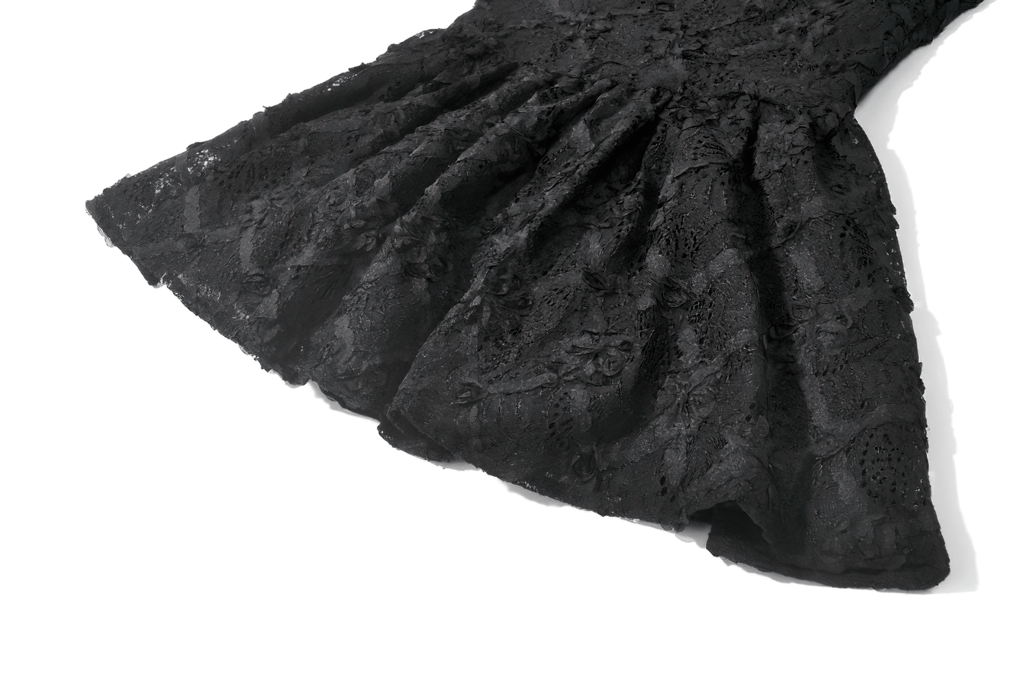Dark Romantic Lace Mini Dress with Corset Waist and Cross featuring intricate black lace detail and flared trim.