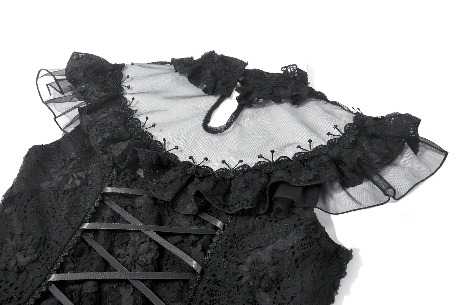 Dark Romantic Lace Mini Dress with Corset Waist and Cross close-up showing intricate lace and ruffle details.