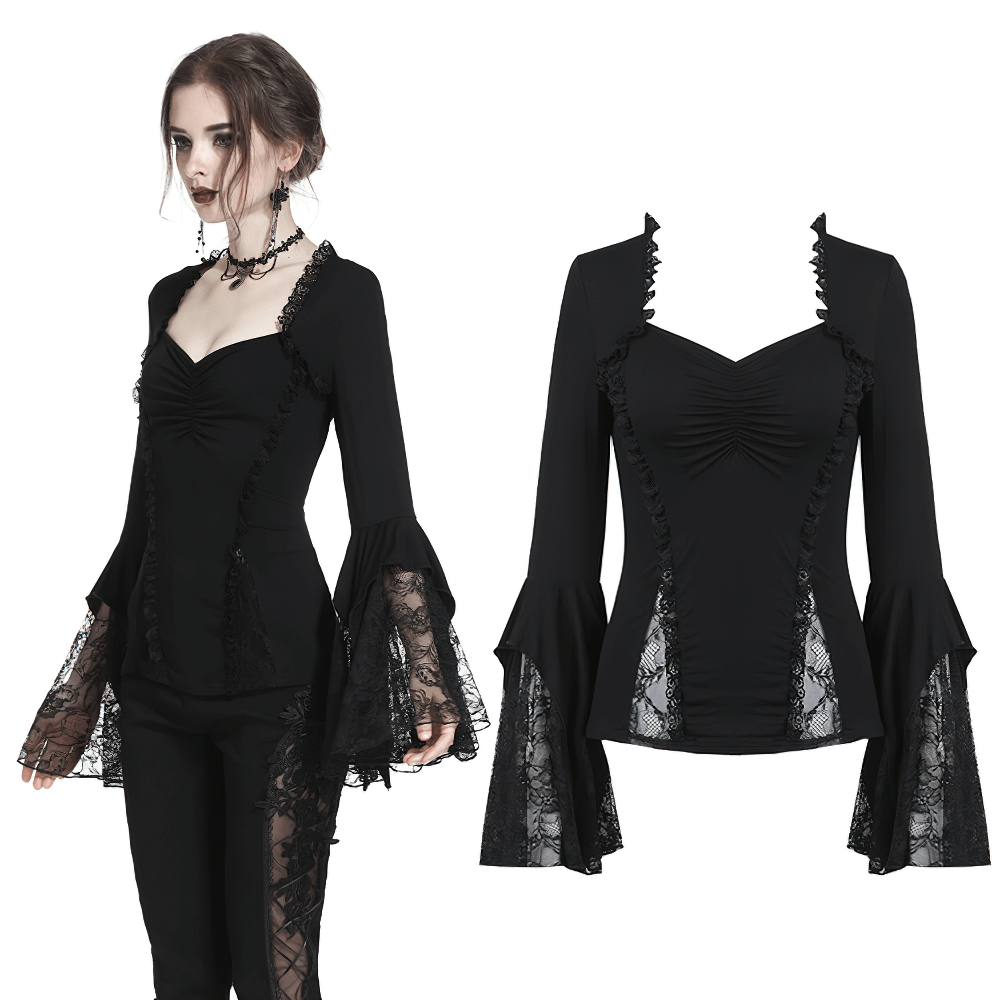 Dark romantic black lace top with flared sleeves, featuring intricate detailing and a Victorian-inspired design.