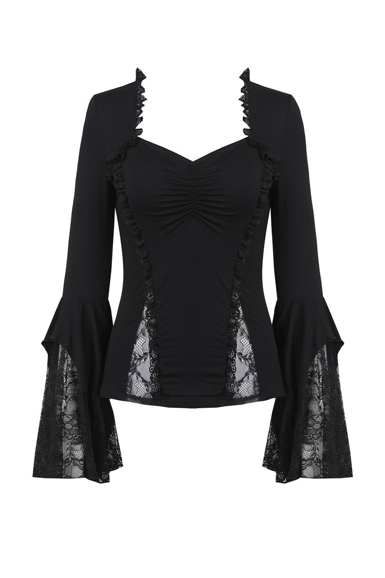 Dark romantic black lace top with flared sleeves, featuring intricate detailing and a fitted silhouette.