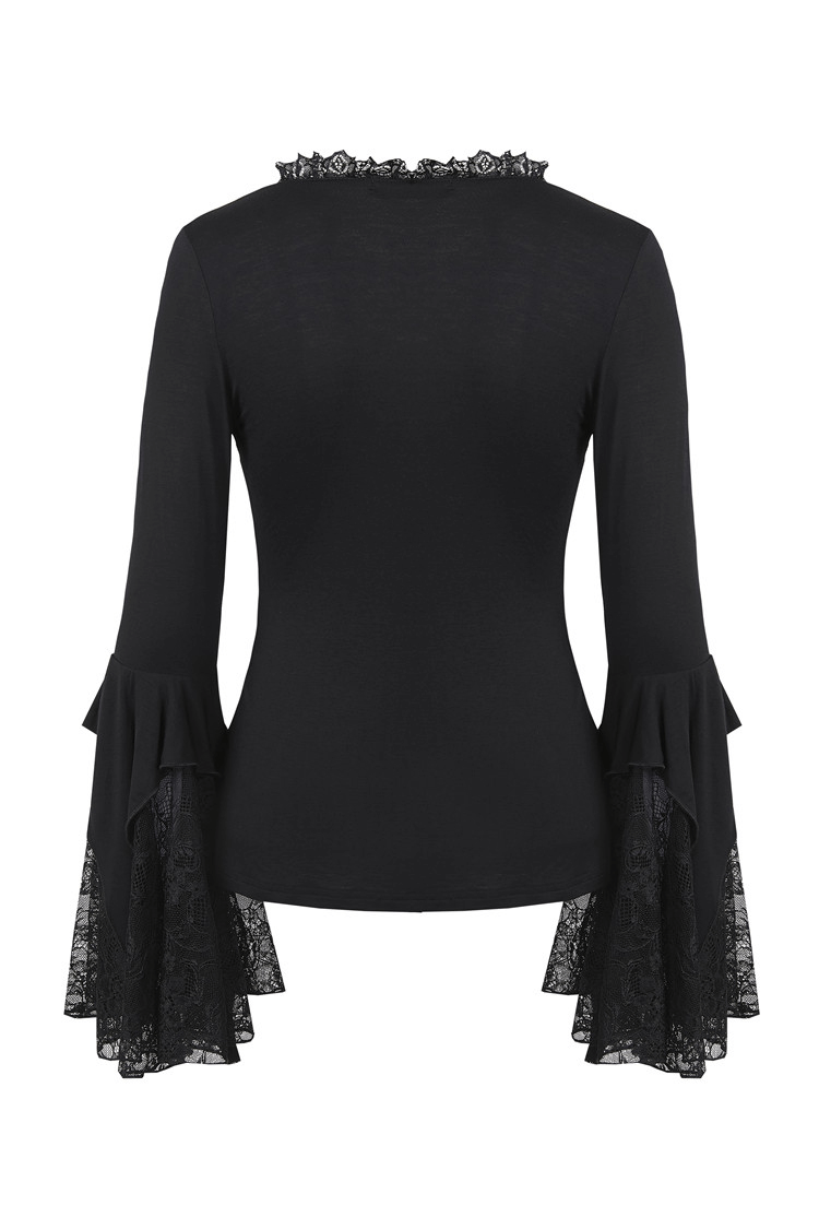Back view of a dark romantic black lace top with flared sleeves and intricate detailing, perfect for Gothic style.
