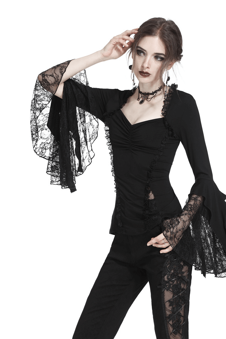 Dark romantic lace top with flared sleeves, perfect for gothic style and edgy outfits.