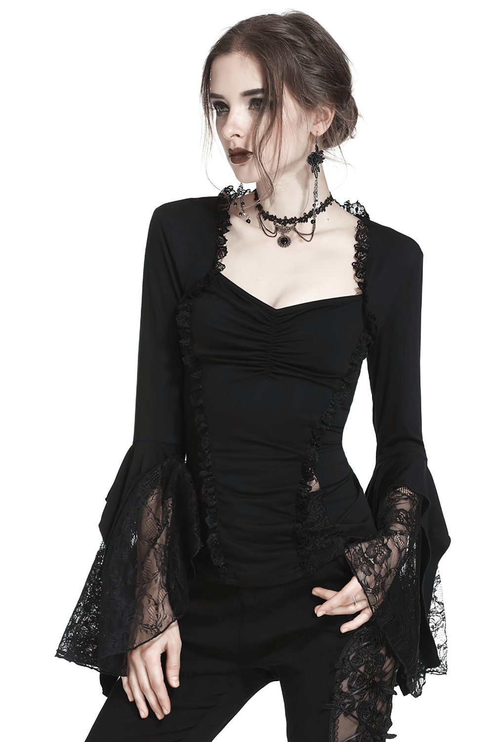 Dark romantic lace top with flared sleeves, perfect for gothic and edgy fashion styles.