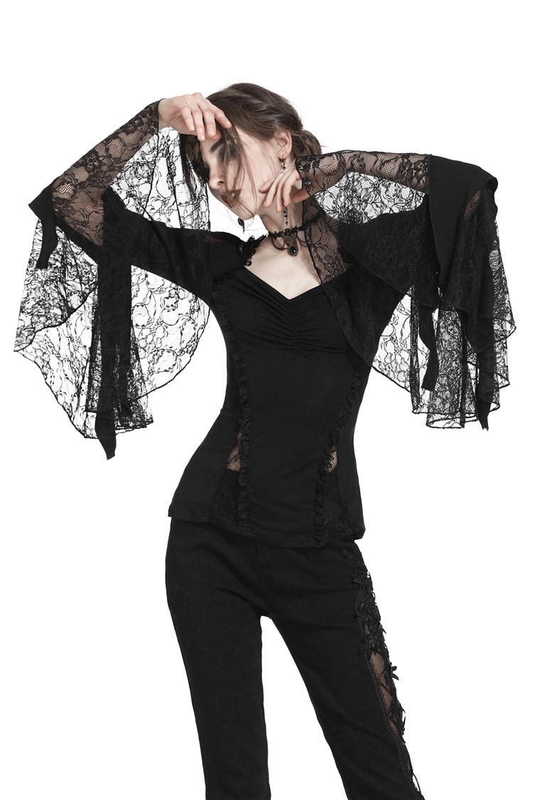 Gothic black lace top with flared sleeves, perfect for a dark romantic or edgy everyday look.