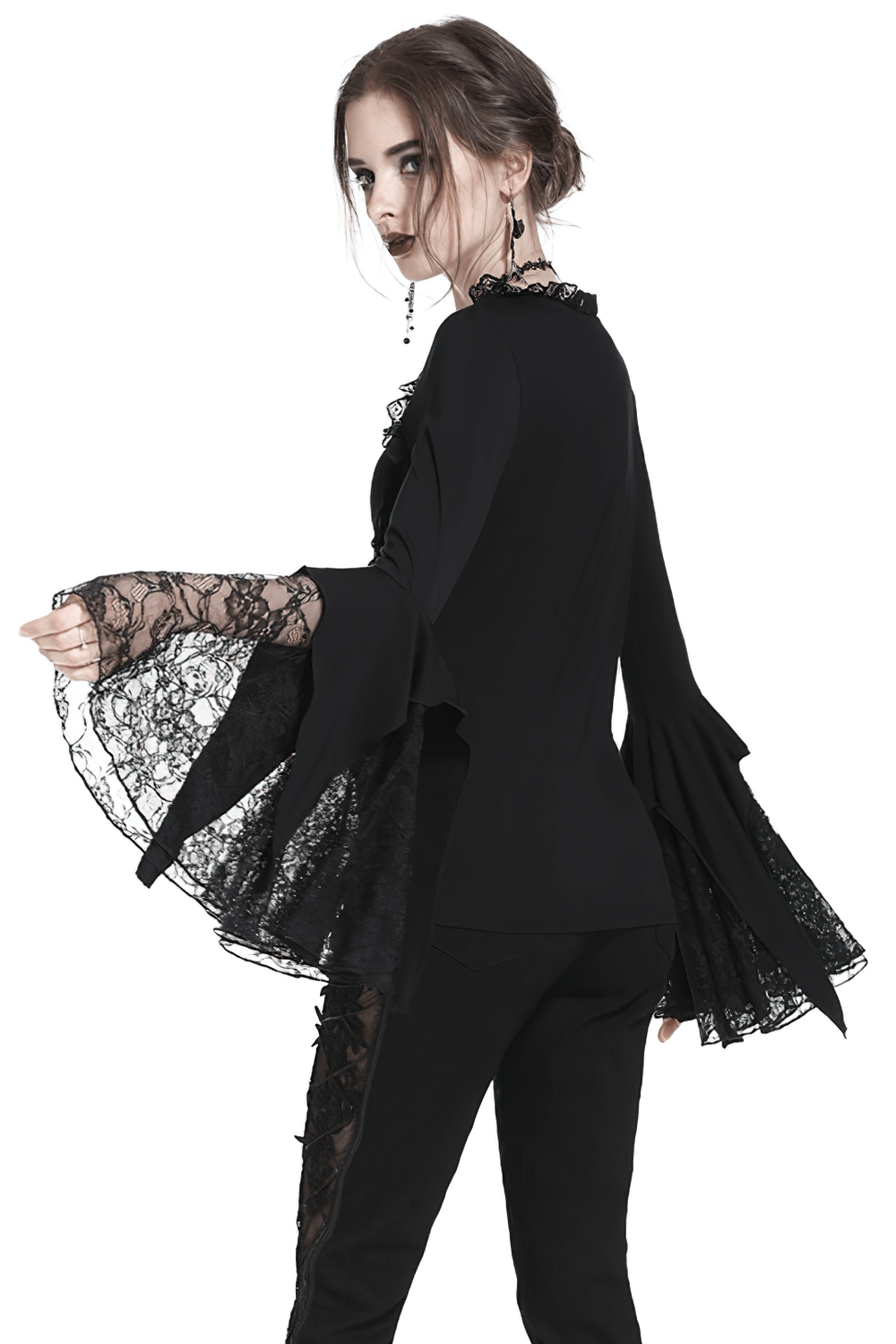 Dark romantic lace top with flared sleeves, perfect for gothic style or Victorian-inspired outfits.