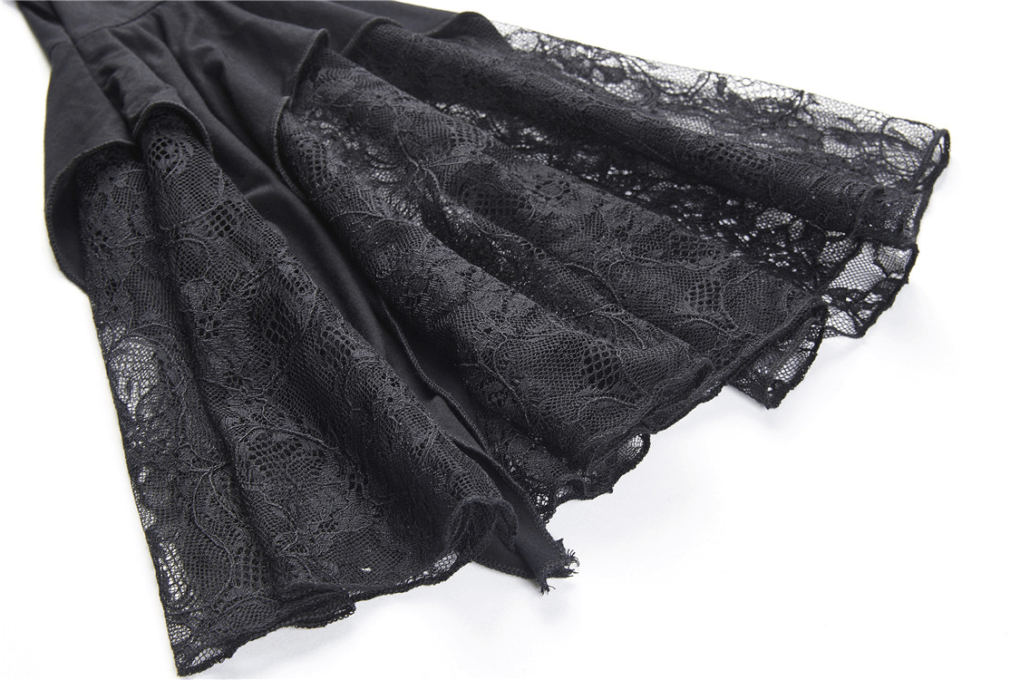 Intricate black lace detailing on the flared sleeves of a dark romantic top.