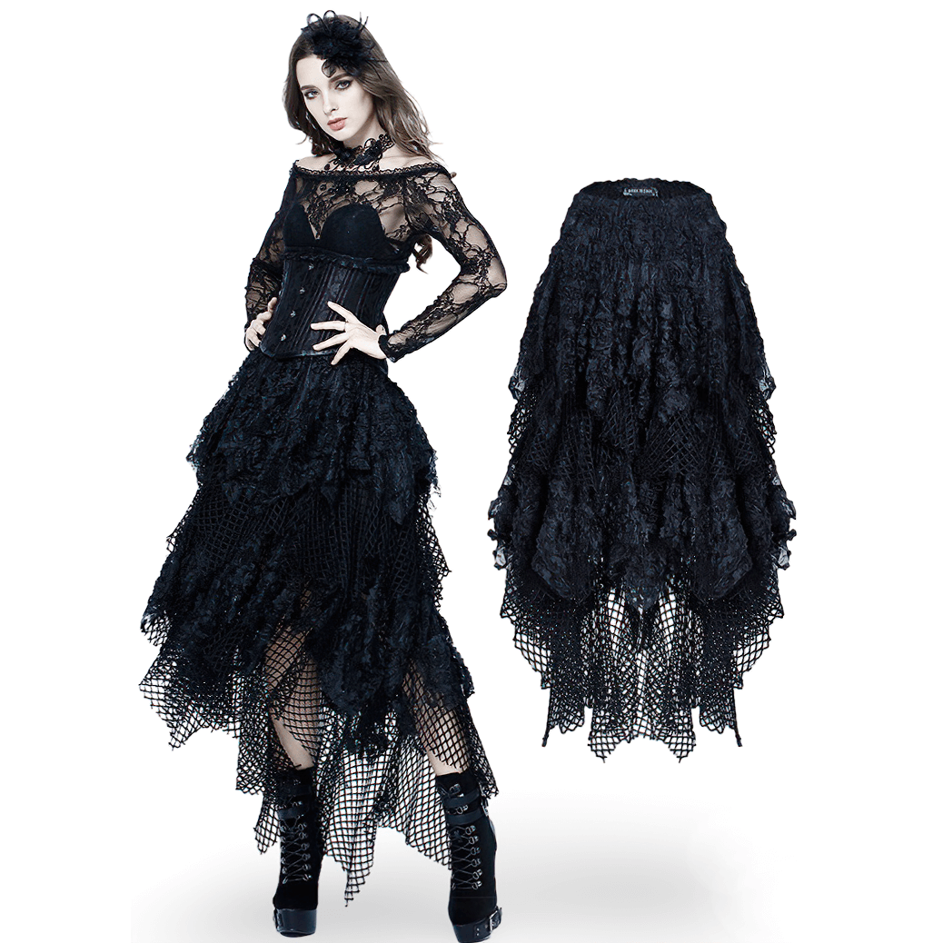 Dark romantic layered mesh and lace high-low maxi skirt in black, perfect for edgy fashionistas.