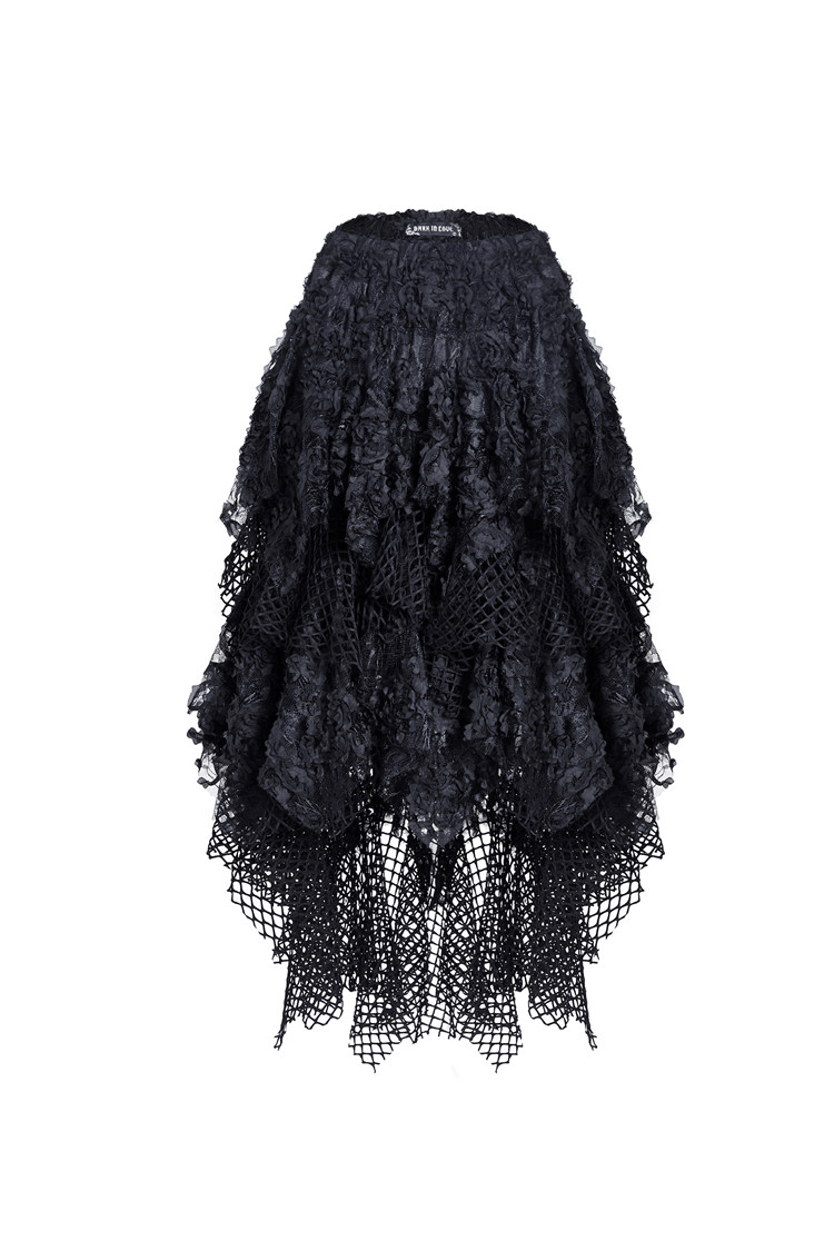 Dark romantic high-low maxi skirt with layered mesh and lace design, perfect for edgy style and versatile fashion.