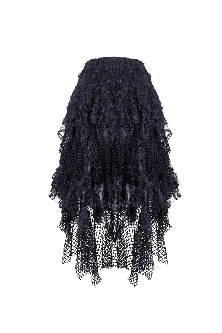 Dark romantic high-low maxi skirt with layered mesh and lace, featuring edgy black fishnet detailing.