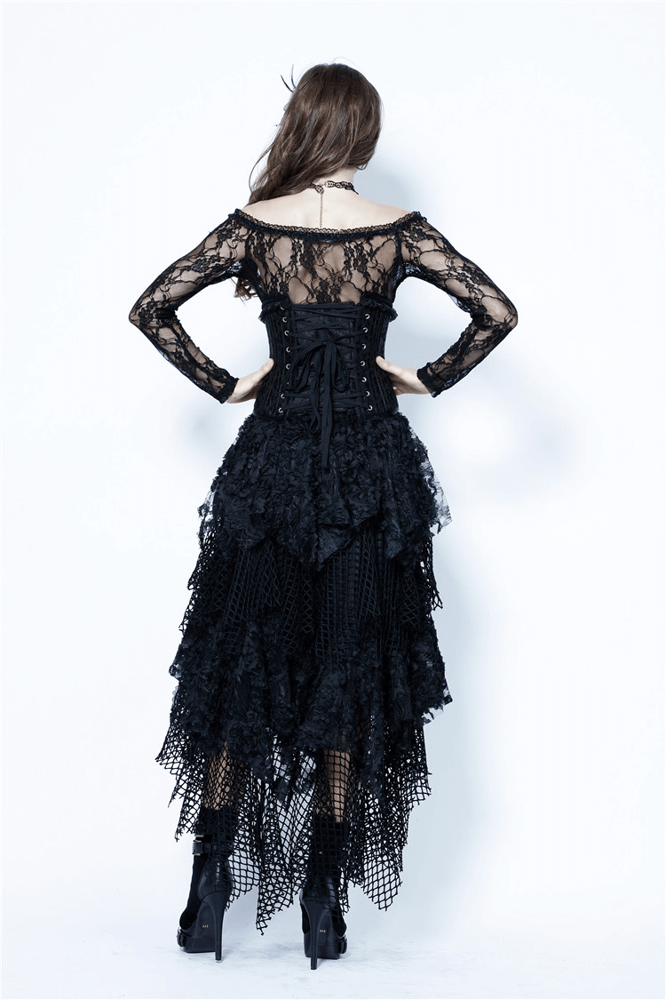 Dark romantic layered high-low maxi skirt with mesh and lace details, perfect for edgy style and versatility.