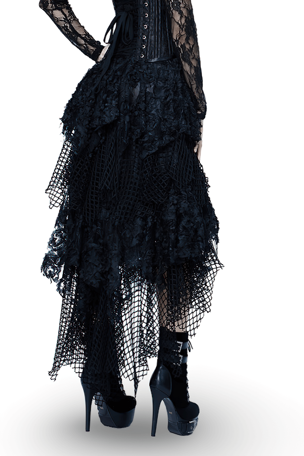 Dark romantic black high-low maxi skirt with layered mesh and lace, paired with edgy platform heels.