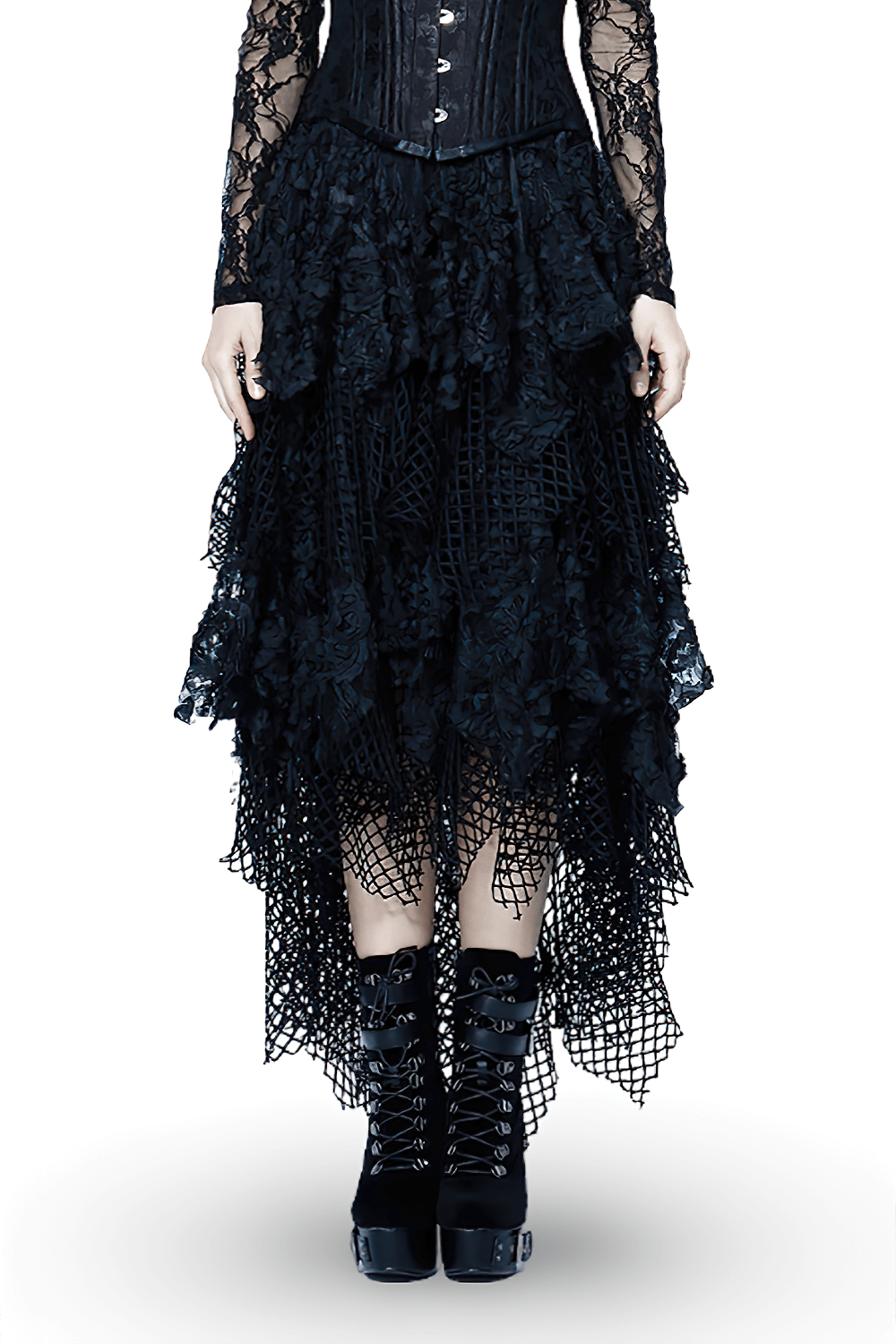Dark romantic layered mesh and lace black high-low maxi skirt with fishnet details and stylish lace trim.
