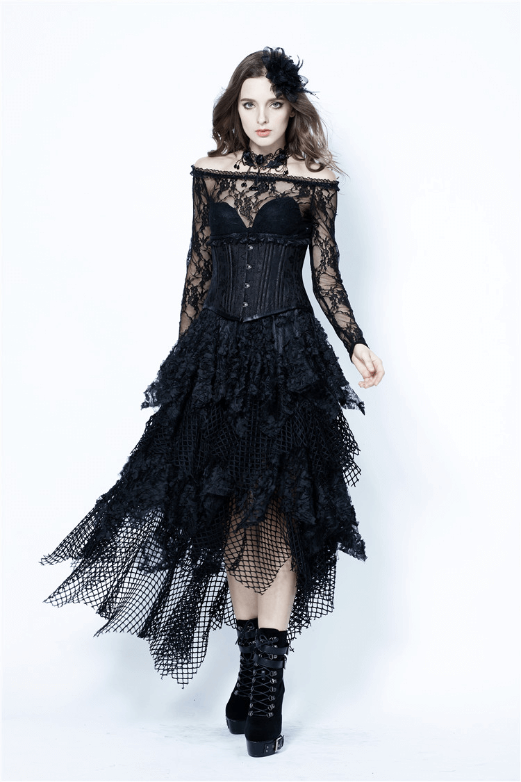 Dark Romantic Layered Mesh and Lace High-Low Maxi Skirt
