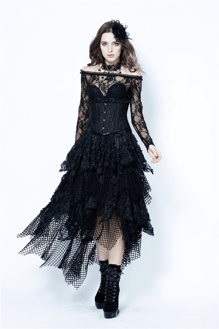 Edgy black high-low maxi skirt with layered mesh and lace, perfect for a romantic and dramatic outfit.