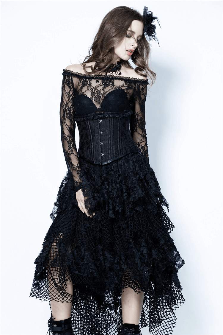 Dark Romantic Layered Mesh and Lace High-Low Maxi Skirt