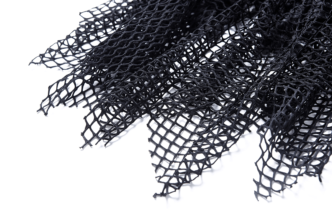 Close-up of edgy black fishnet mesh fabric for a high-low maxi skirt, showcasing layered design and texture.