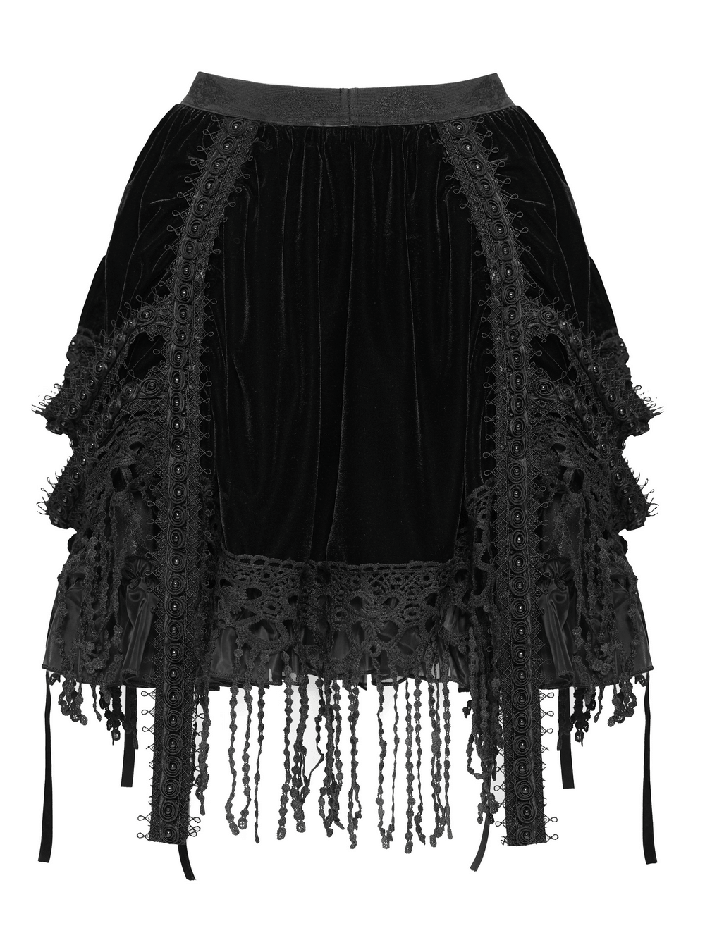 Dark Romantic Layered Velvet Lace Skirt with Chains featuring ornate trims and tassel accents.