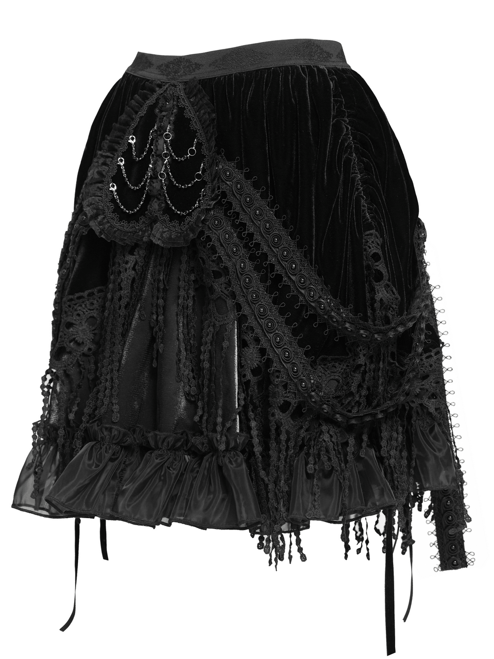 Dark Romantic Layered Velvet Lace Skirt with Chains showcasing intricate lace details and dramatic tassels.