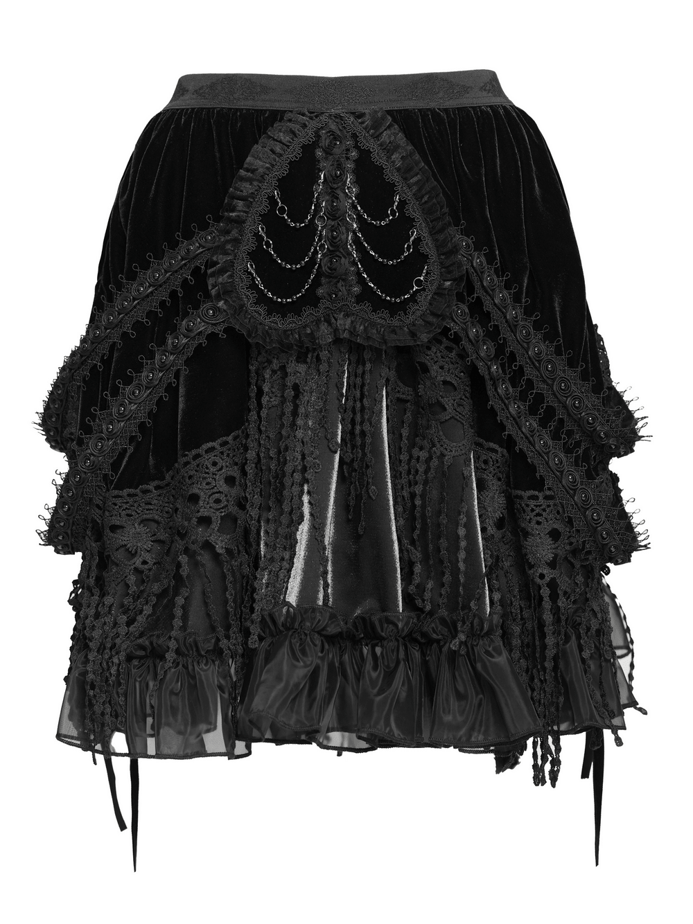 Dark Romantic Layered Velvet Lace Skirt with Chains featuring layered velvet and intricate lace details.