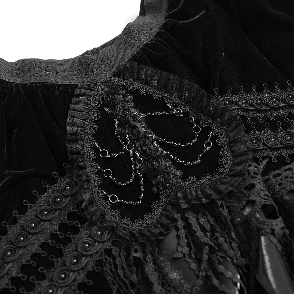 Dark Romantic Layered Velvet Lace Skirt with Chains close-up detailing with velvet, lace, and chain accents.