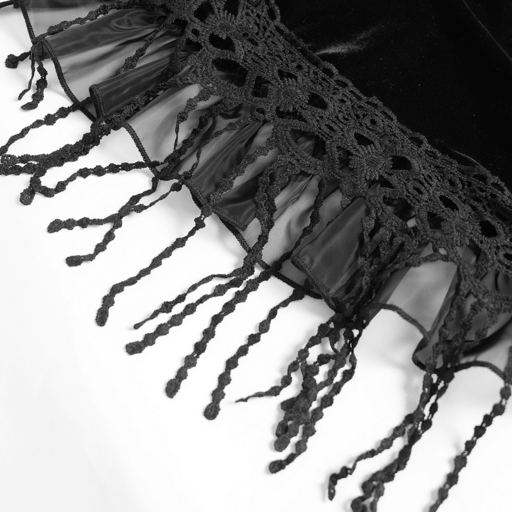 Dark Romantic Layered Velvet Lace Skirt with Chains tassel trim and ruffled hem detail.