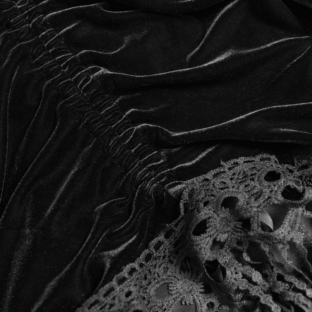 Detail of Dark Romantic Layered Velvet Lace Skirt with Chains featuring velvet and lace textures.