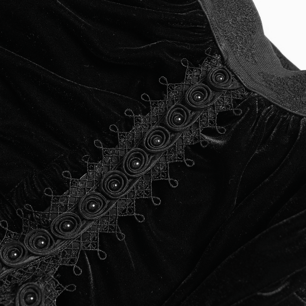 Dark Romantic Layered Velvet Lace Skirt with Chains intricate velvet texture and ornate button detailing.