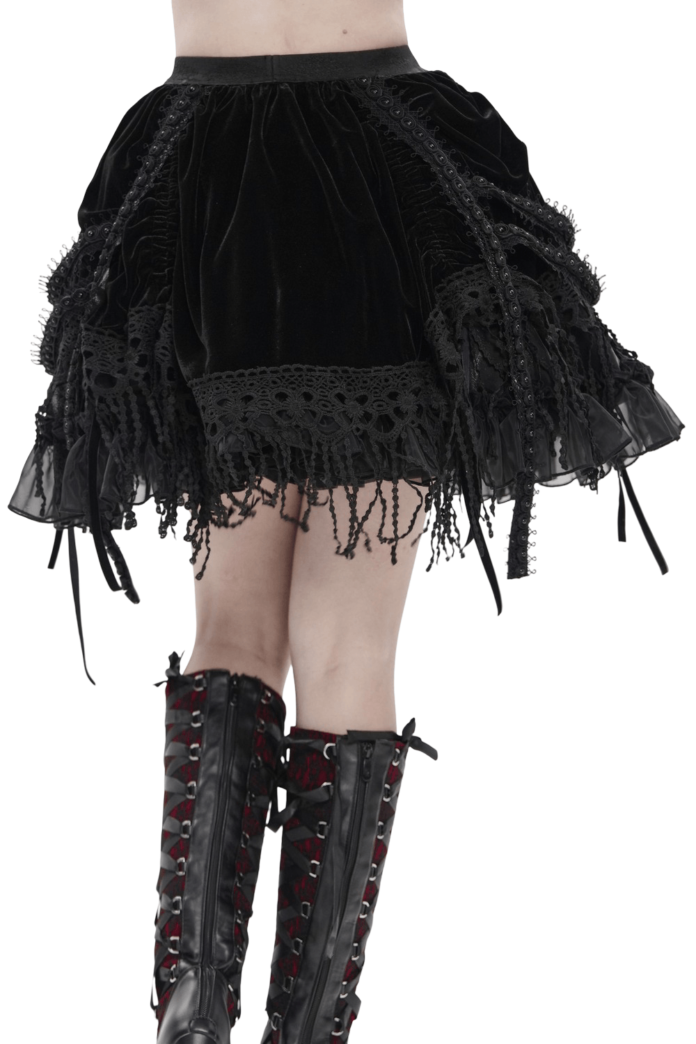 Dark Romantic Layered Velvet Lace Skirt with Chains featuring ruffles, tassels, and chains for a dramatic Victorian goth look.