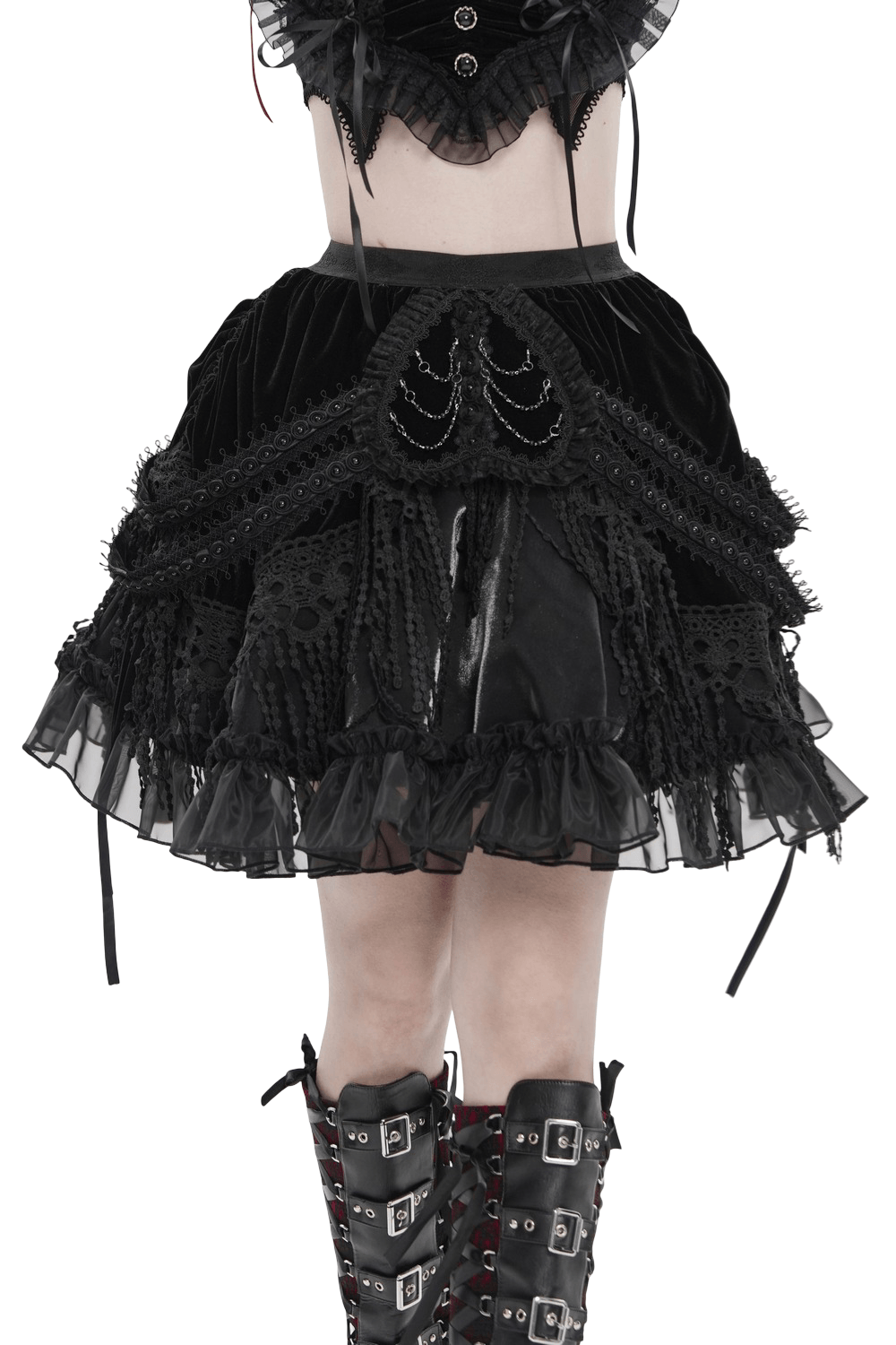 Dark Romantic Layered Velvet Lace Skirt with Chains showcasing intricate lace and ruffle details, perfect for gothic fashion.
