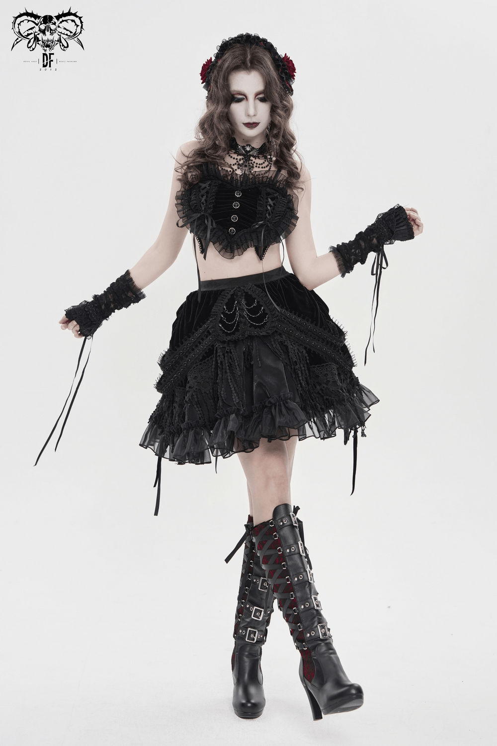 Dark Romantic Layered Velvet Lace Skirt with Chains worn with a gothic crop top and accessories, showcasing Victorian goth style.