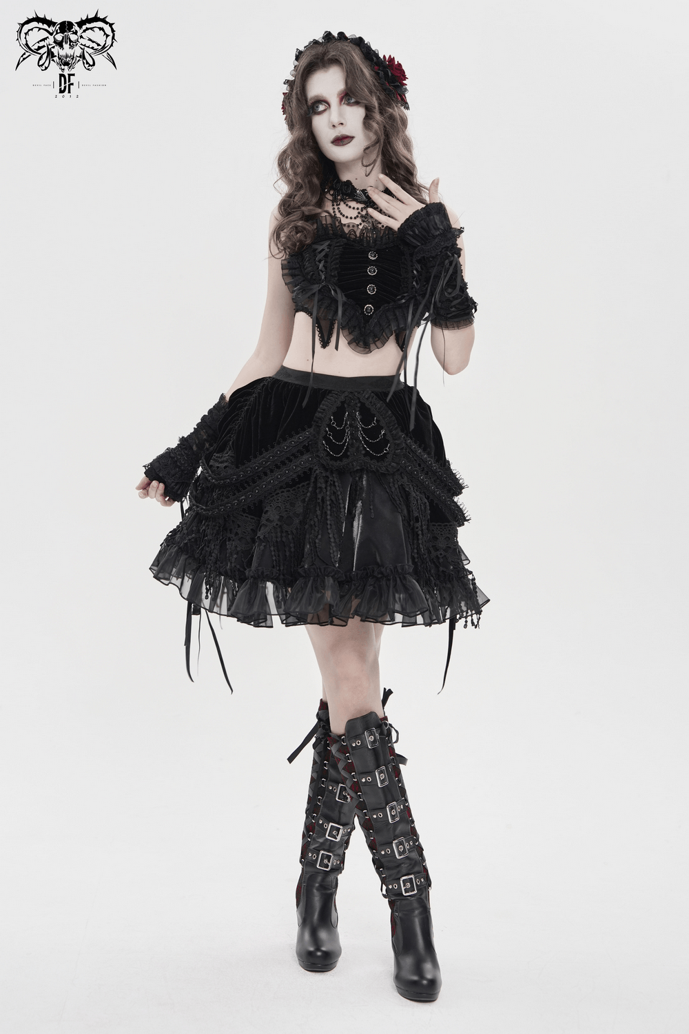 Dark Romantic Layered Velvet Lace Skirt with Chains paired with goth accessories and boots.