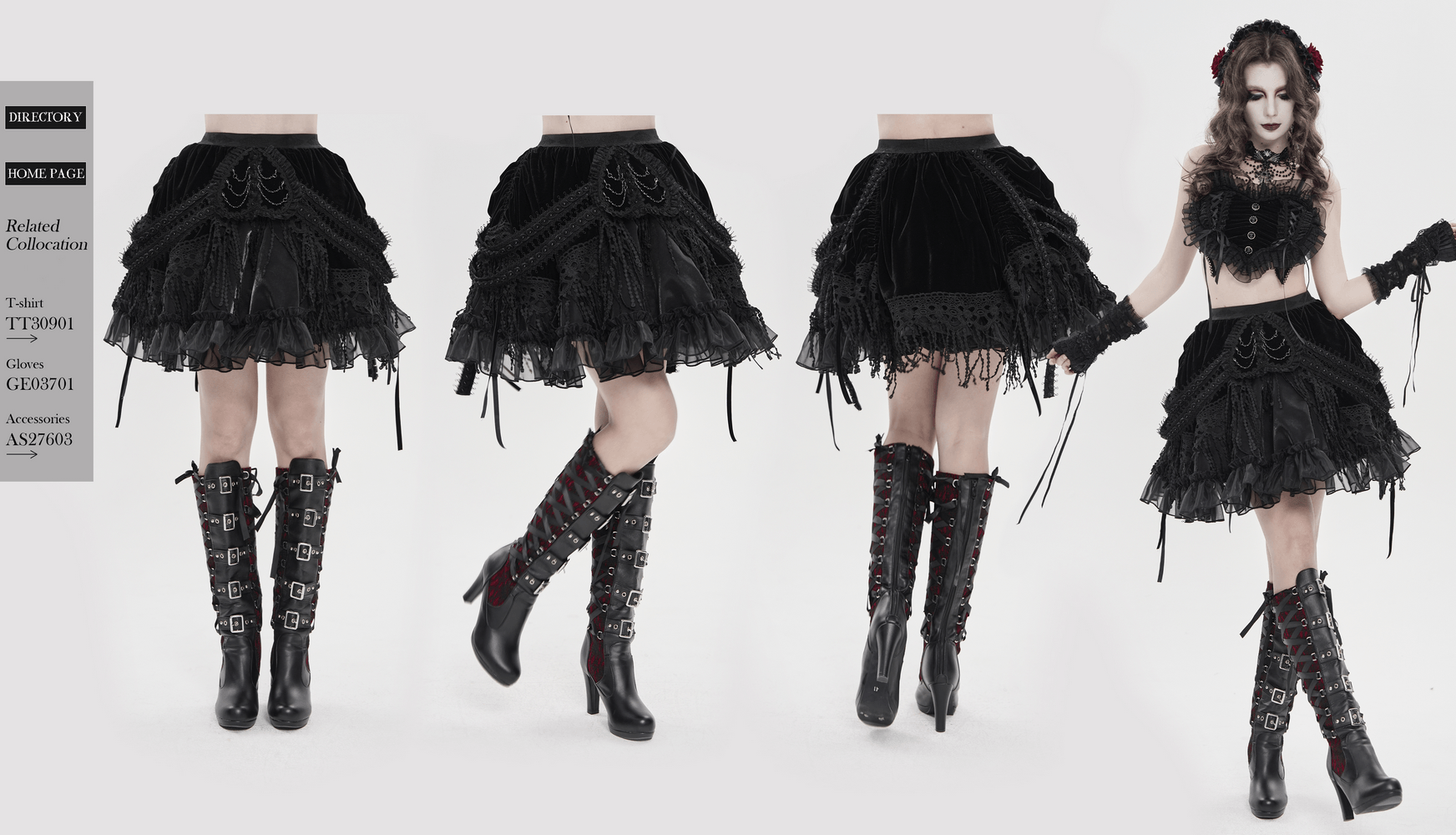 Dark Romantic Layered Velvet Lace Skirt with Chains showcased with stylish accessories and boots.