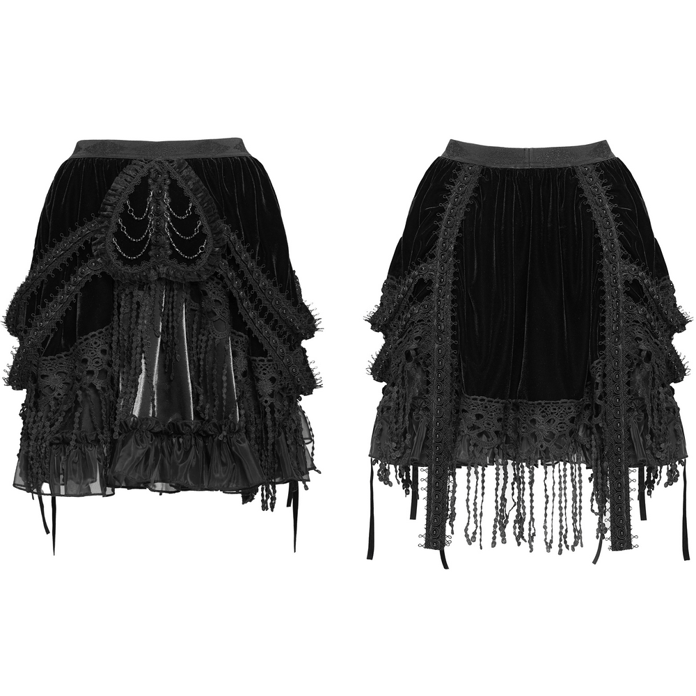 Dark Romantic Layered Velvet Lace Skirt with Chains featuring intricate layers, tassels, and draped chains for a gothic look.