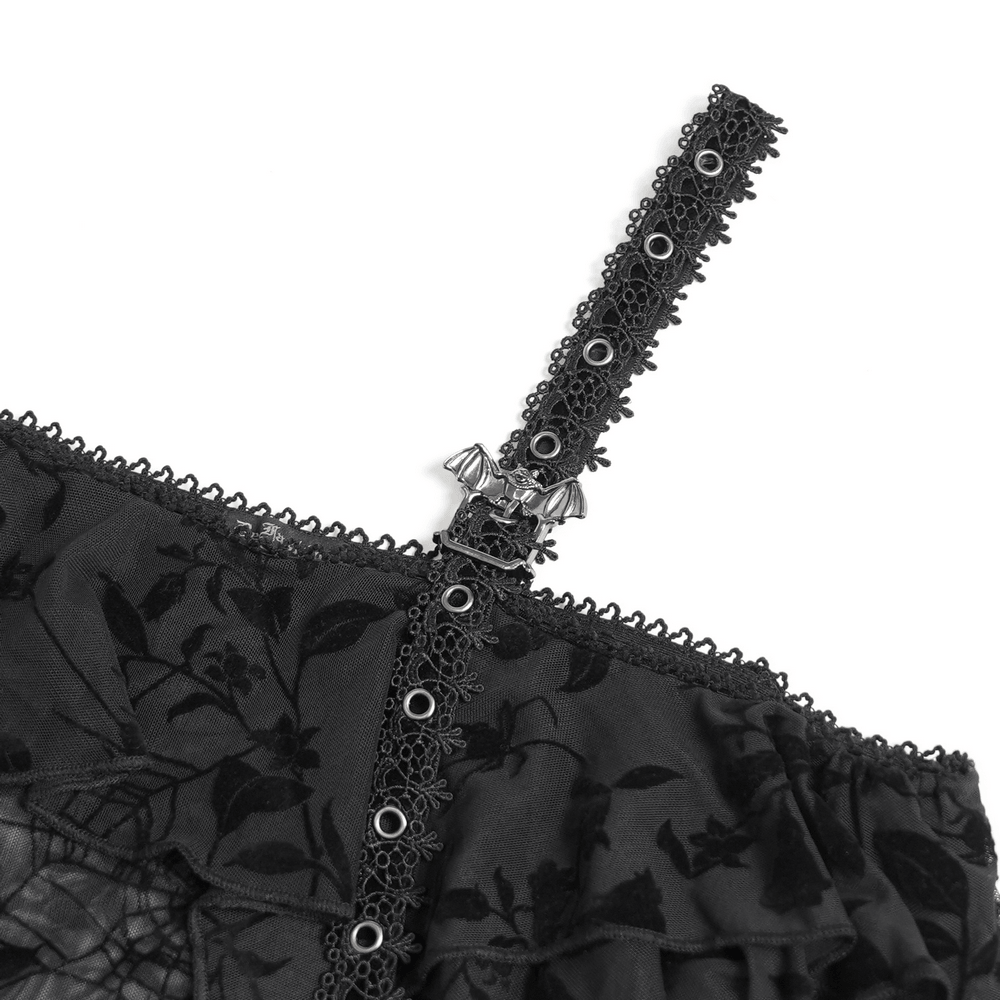 Dark Romantic Off Shoulder Mesh Top with Lace Ruffles black gothic spiderweb mesh top with bat charm strap