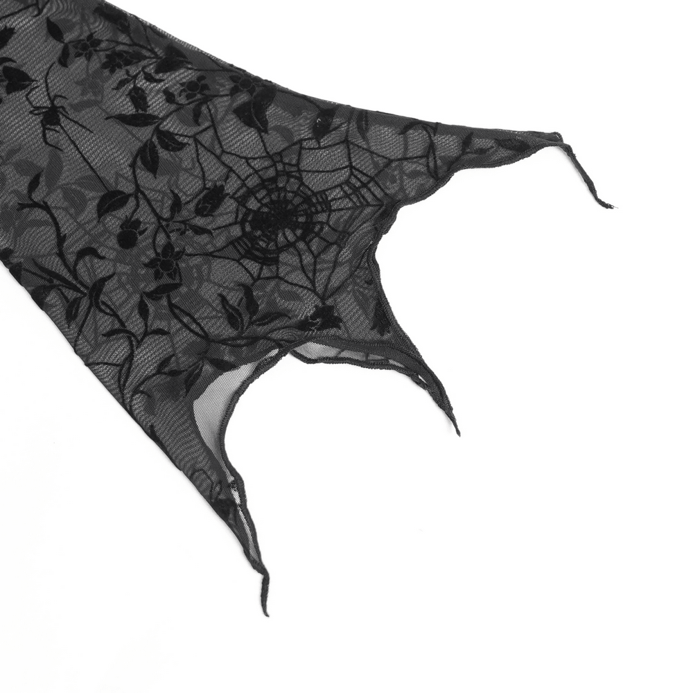 Dark Romantic Off Shoulder Mesh Top with Lace Ruffles, black gothic spiderweb mesh sleeve with floral vines