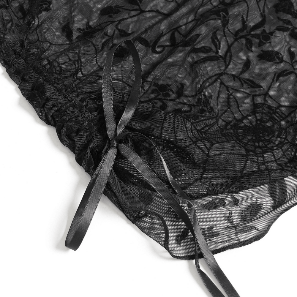 Dark Romantic Off Shoulder Mesh Top with Lace Ruffles black gothic mesh top with spiderweb lace and ruched side tie