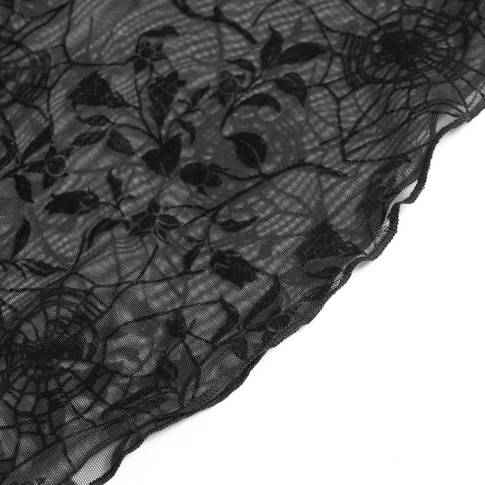 Dark Romantic Off Shoulder Mesh Top with Lace Ruffles, black gothic spiderweb mesh detail with floral vines