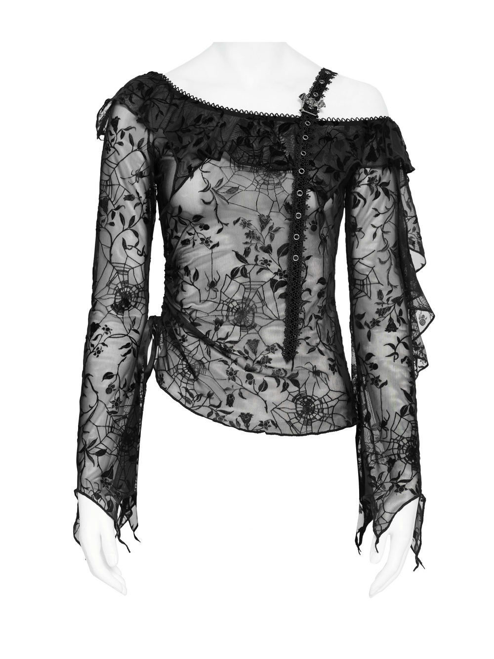 Dark Romantic Off Shoulder Mesh Top with Lace Ruffles, black gothic spiderweb mesh top with ruffled neckline