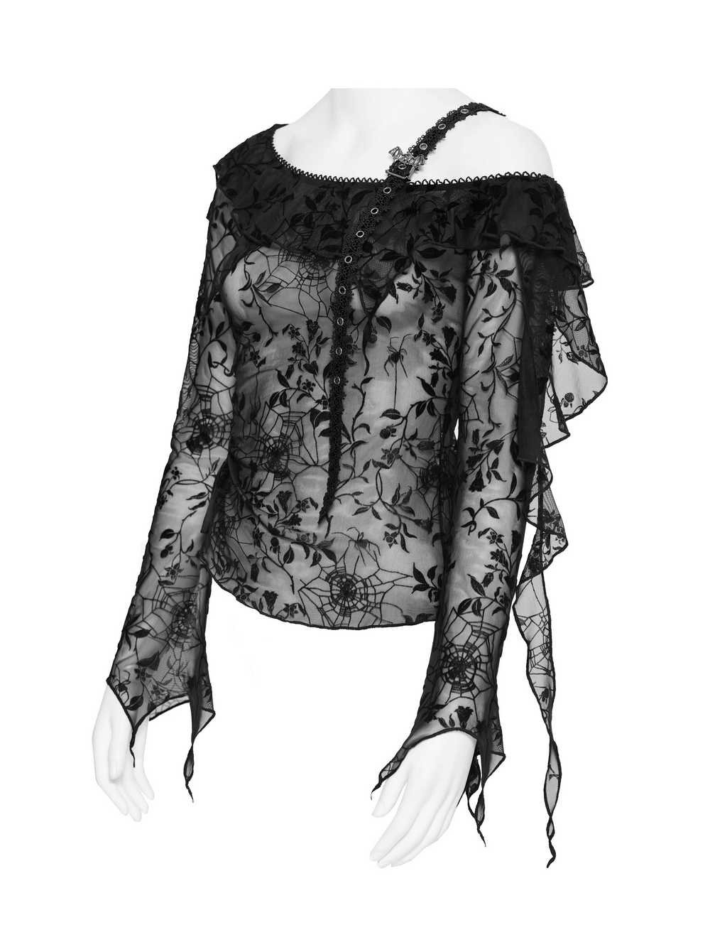 Dark Romantic Off Shoulder Mesh Top with Lace Ruffles, black gothic spiderweb sheer blouse with ruffled neckline