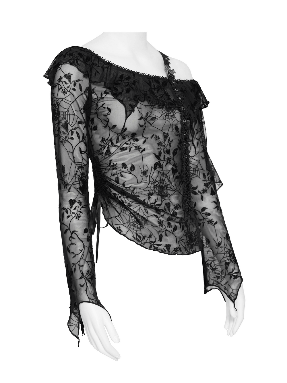 Dark Romantic Off Shoulder Mesh Top with Lace Ruffles black gothic spiderweb sheer floral long sleeve top