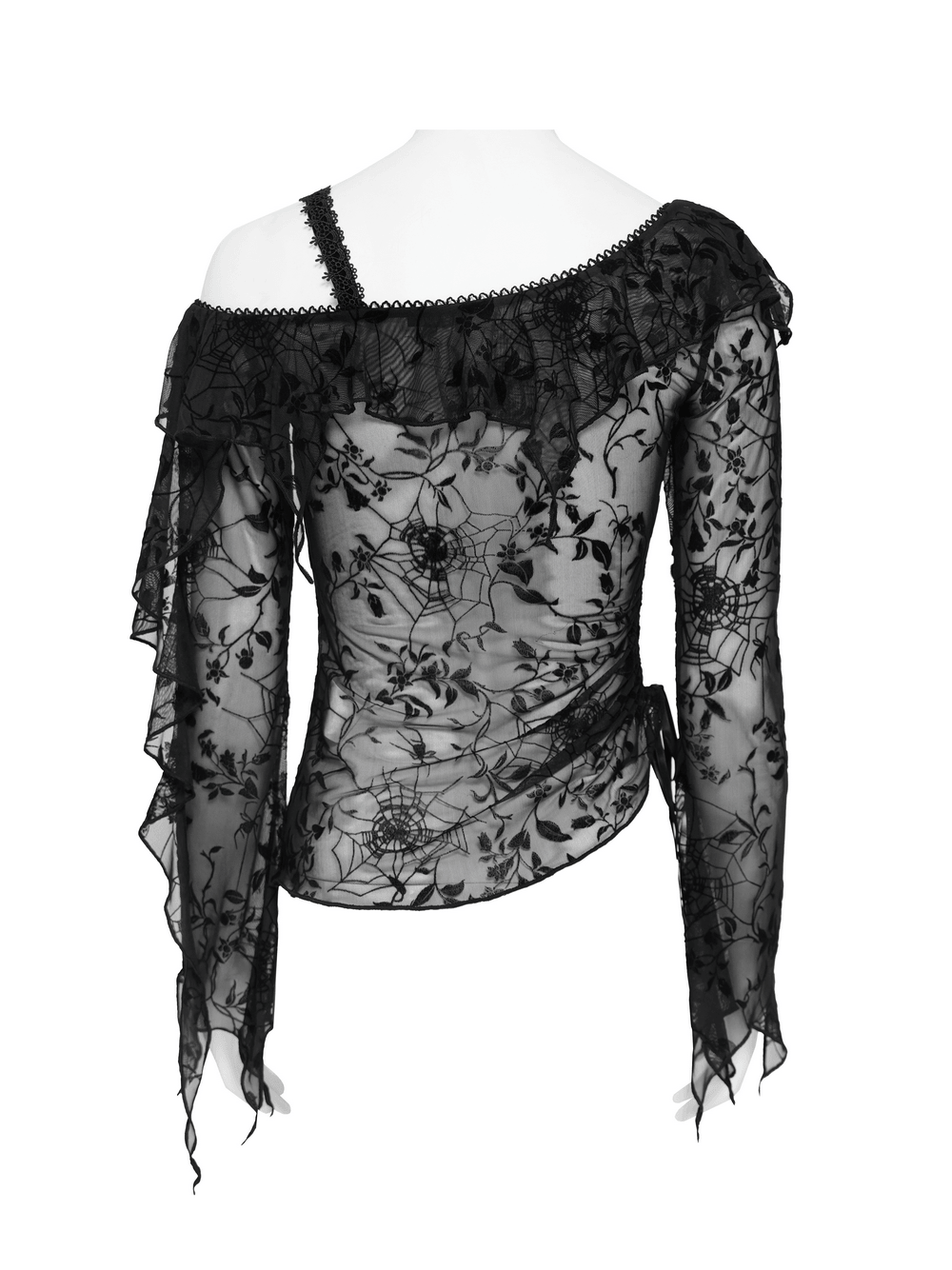 Dark Romantic Off Shoulder Mesh Top with Lace Ruffles black gothic spiderweb mesh top with asymmetrical neckline