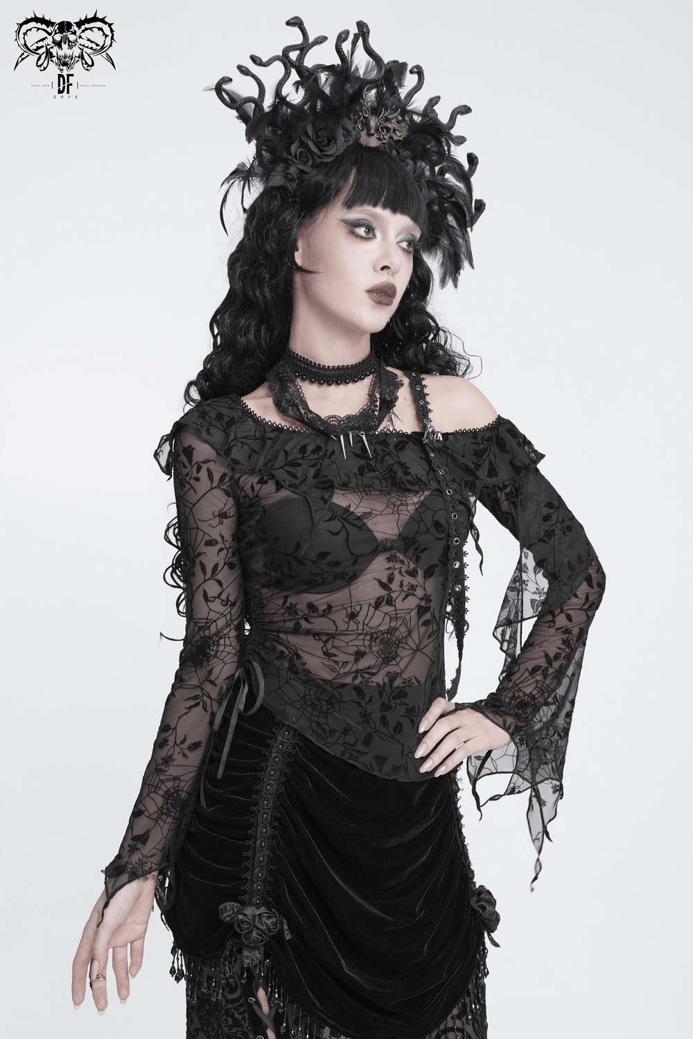 Dark Romantic Off Shoulder Mesh Top with Lace Ruffles women's black gothic spiderweb mesh top with floral vines and lace