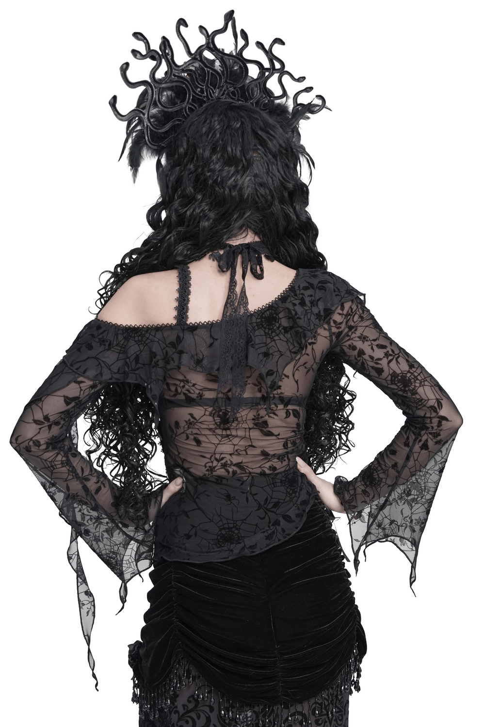 Dark Romantic Off Shoulder Mesh Top with Lace Ruffles black gothic spiderweb mesh top with sheer floral vines and ruched sleeves
