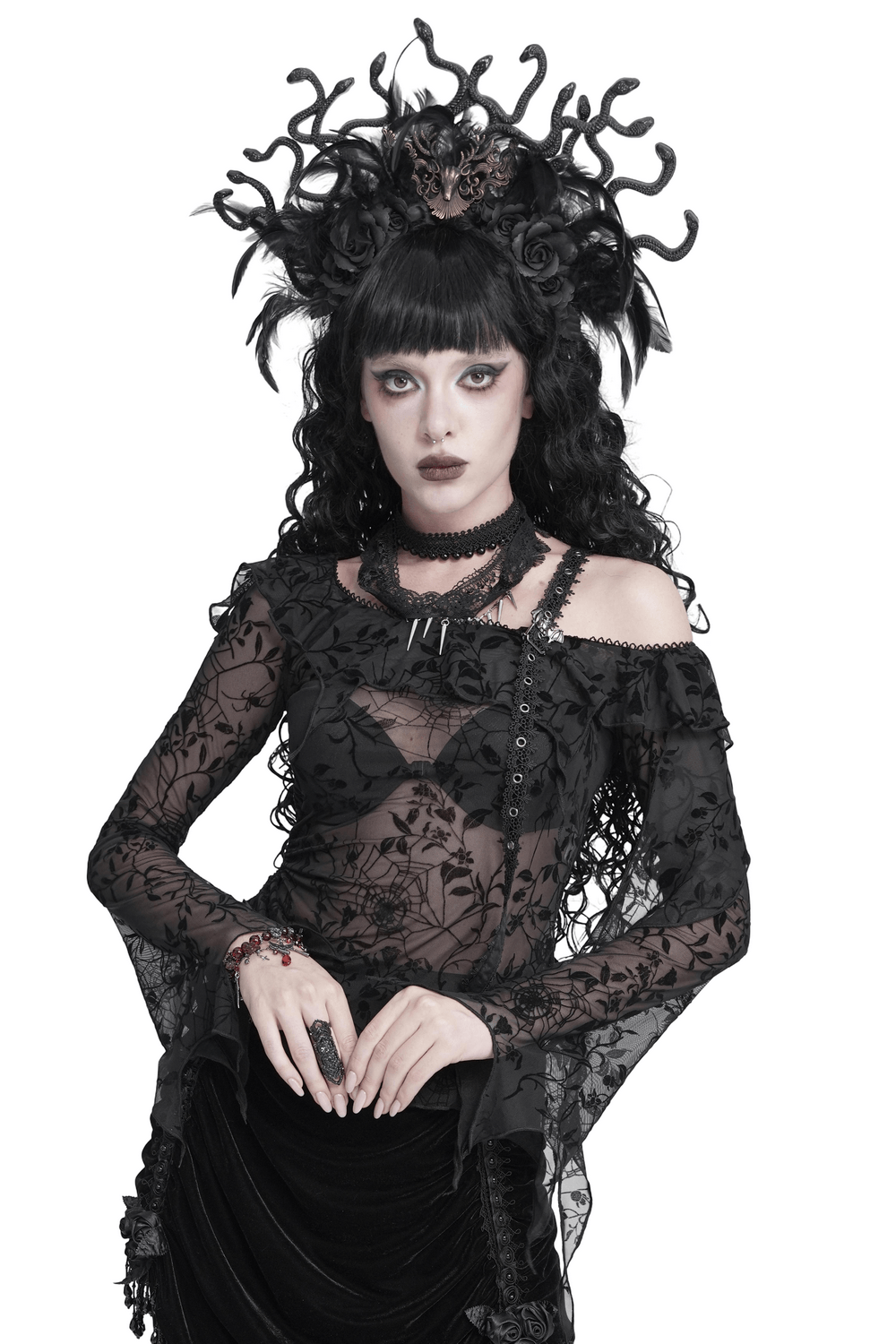Dark Romantic Off Shoulder Mesh Top with Lace Ruffles black gothic spiderweb mesh top with off-shoulder ruffle and lace details