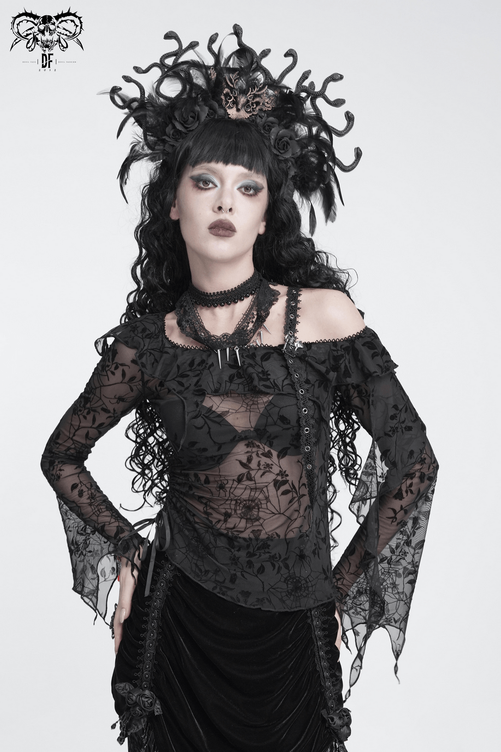 Dark Romantic Off Shoulder Mesh Top with Lace Ruffles black gothic spiderweb mesh top with ruffled neckline