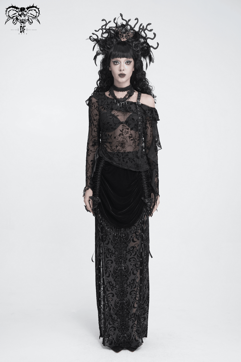 Dark Romantic Off Shoulder Mesh Top with Lace Ruffles gothic black sheer floral spiderweb long sleeve top