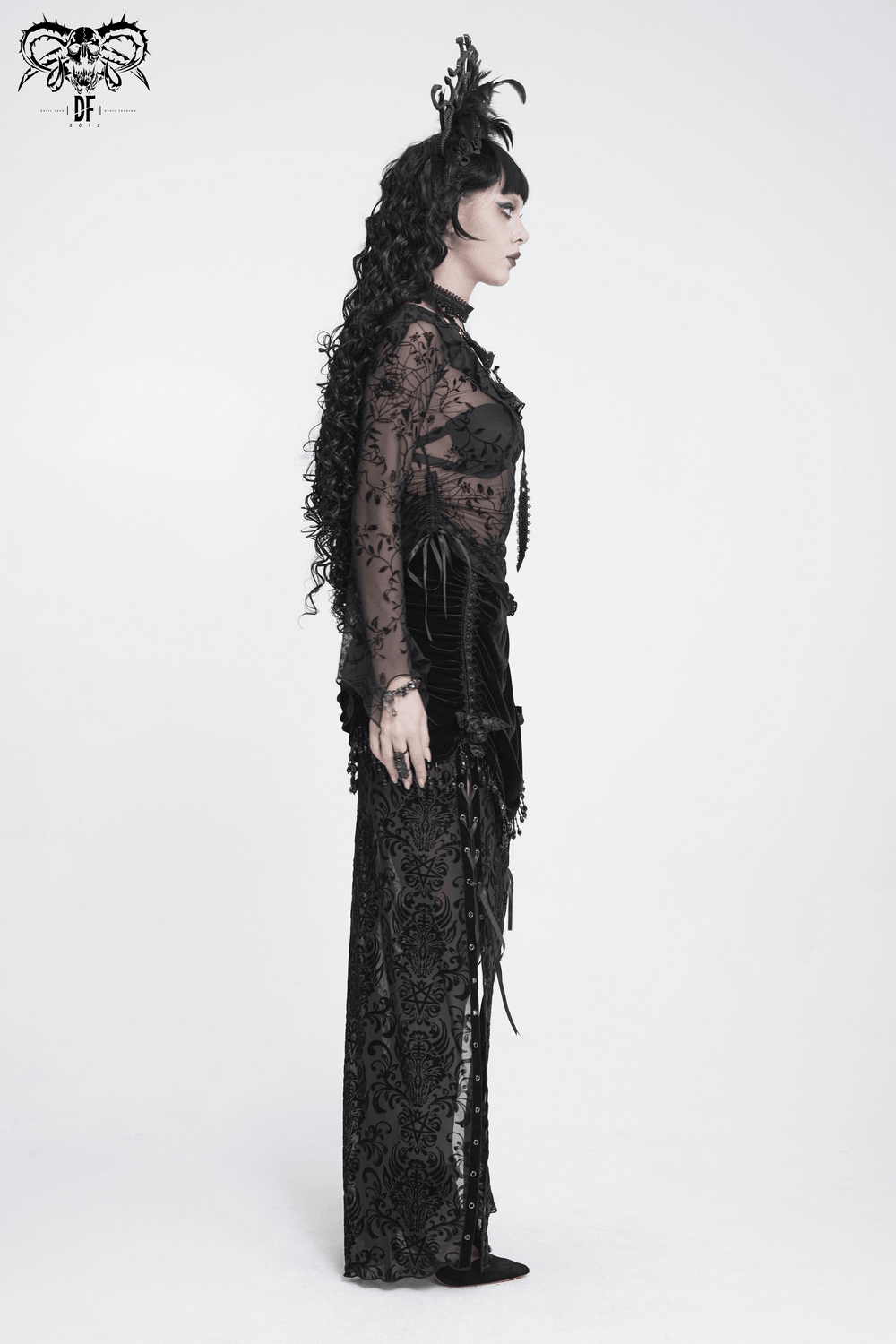 Dark Romantic Off Shoulder Mesh Top with Lace Ruffles – women’s black gothic spiderweb mesh top with ruffles and sheer floral vines